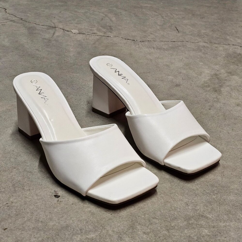 White Block Heel Mules With Open Square Toe Womens Heeled Sandals